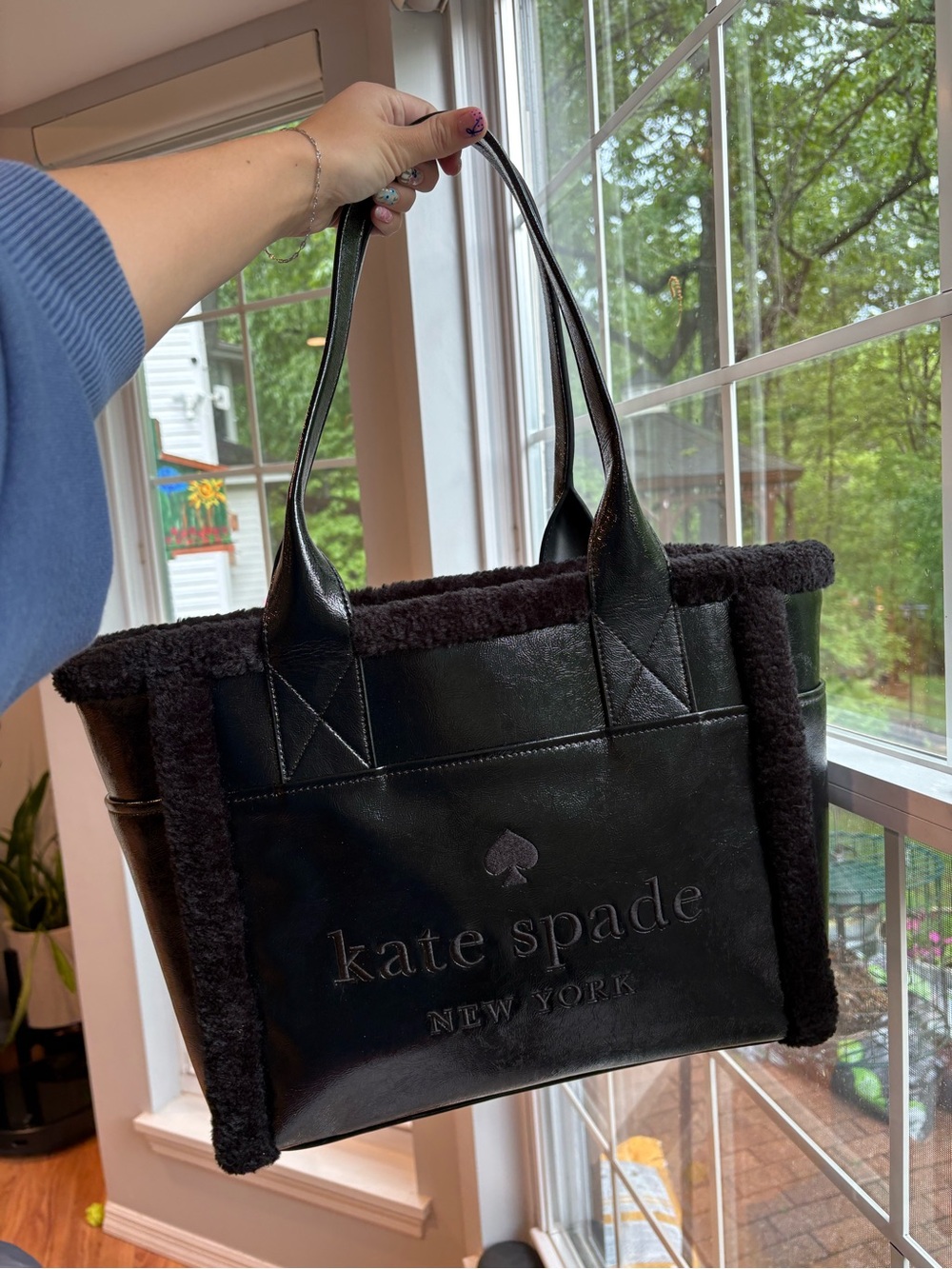 kate spade Jett Faux Shearling Trim Black Tote Bag